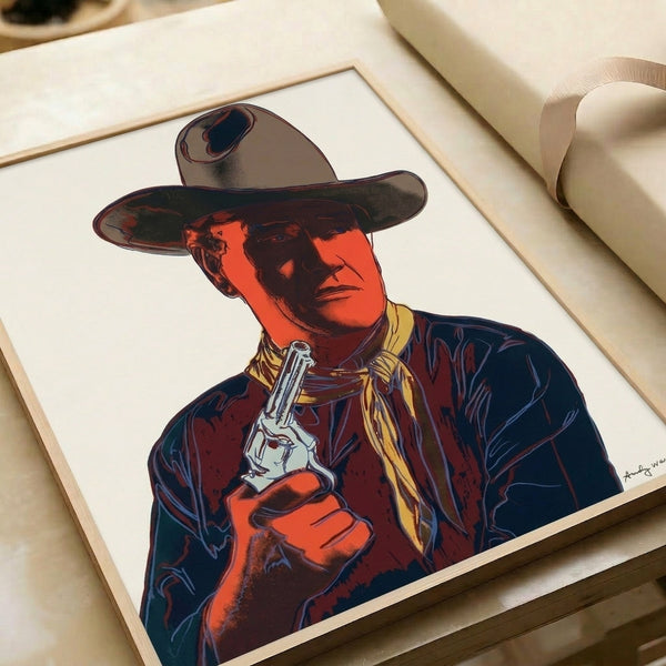 Warhol-inspired portrait print of John Wayne featuring luminous color blocking and bold outlines characteristic of 1980s pop art movement.