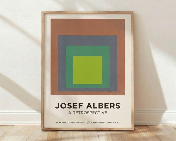 Minimalist Bauhaus poster featuring nested squares in terracotta, slate blue, sage green, and cream creating a meditative geometric composition.