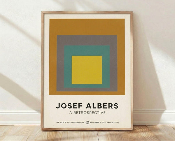 Bauhaus minimalist poster featuring nested squares in ochre gold, gray, teal green, and yellow creating a contemplative geometric composition.