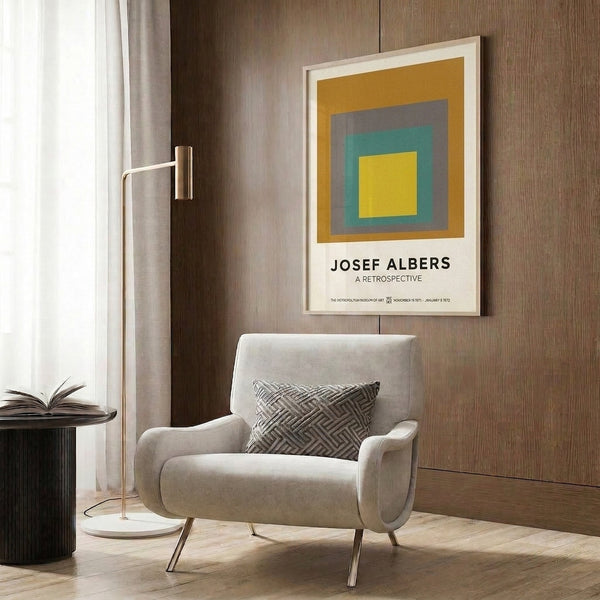 Modern Bauhaus-inspired print with harmonious nested squares in ochre gold, cool gray, and teal green hues.