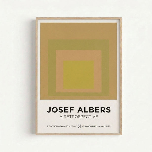 Minimalist geometric poster displaying concentric squares in warm earth tones and soft yellows, characteristic of Albers' color field studies.