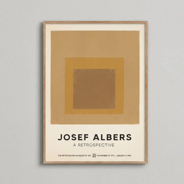 Framed abstract poster featuring concentric squares in harmonious taupe and ochre hues, embodying mid-century modern geometric design principles.