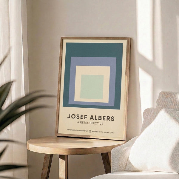 Contemporary poster art with concentric square forms rendered in cool and warm earth tones including sage green, teal, mauve, and cream for contemplative home decor.