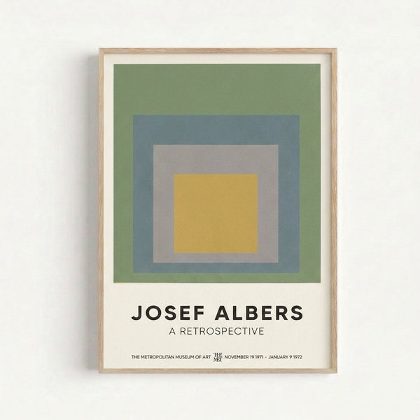 Minimalist color field artwork showcasing nested squares in cream, golden yellow, and slate blue, creating a harmonious abstract composition in the Bauhaus style.