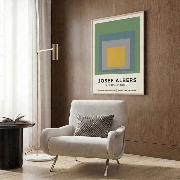 Minimalist Bauhaus-style poster featuring nested geometric squares in a soothing palette of sage green, golden yellow, and soft blue hues.