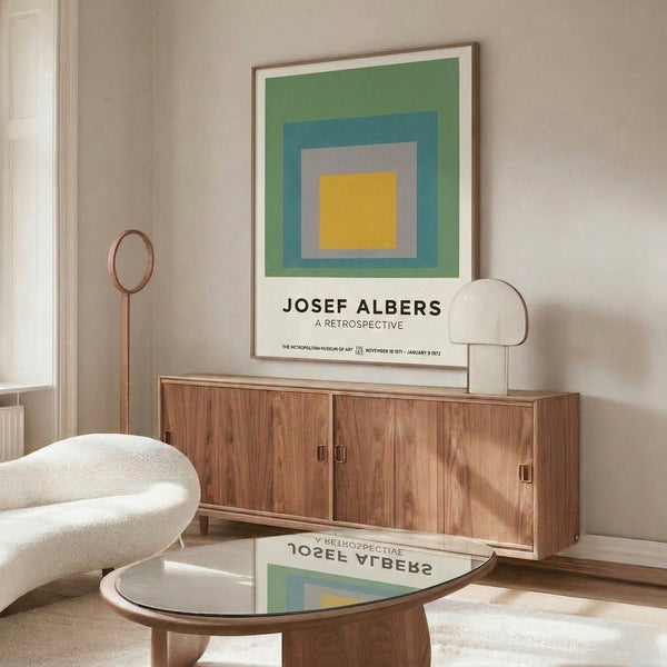 Framed artwork showcasing centered squares in warm gray, slate blue, and cream, embodying the tranquil harmony of mid-century minimalist design.