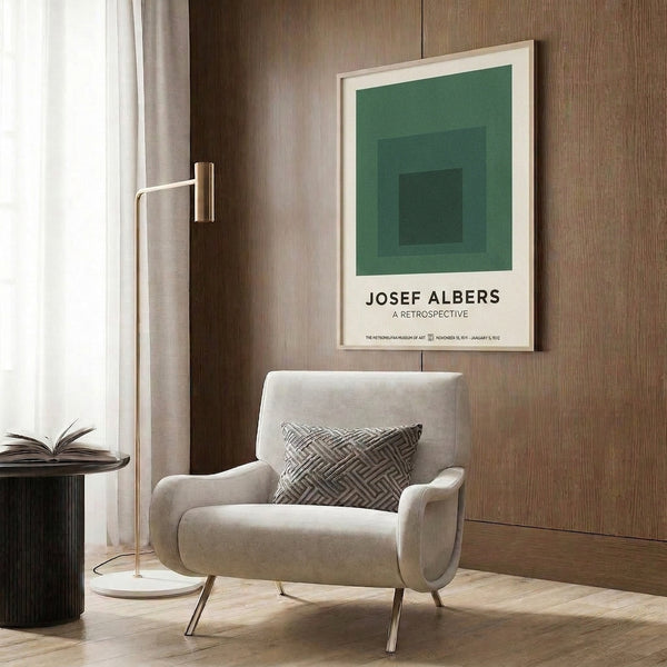 Minimalist poster of stacked square forms in muted greens and charcoal, reflecting meditative Bauhaus aesthetics and precise geometric harmony.