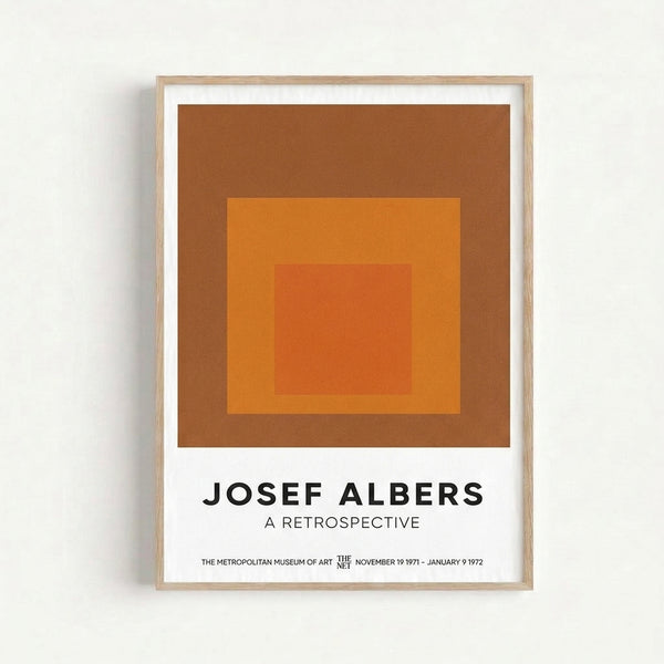Framed modern abstract poster with nested rectangles in rust and warm ochre hues, evoking contemplative harmony through color field minimalism.