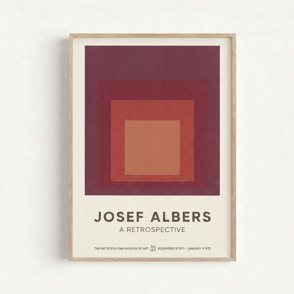 Abstract art print with concentric rectangles in deep red and peach hues, creating a meditative contemplative composition in the modernist Bauhaus style.