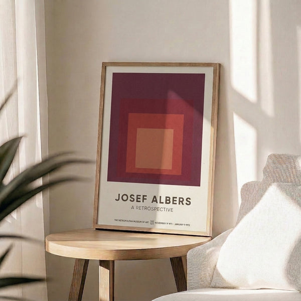 Abstract squares art print in a palette of warm reds, peach, and cream, showcasing the Bauhaus approach to color interaction and spatial perception.