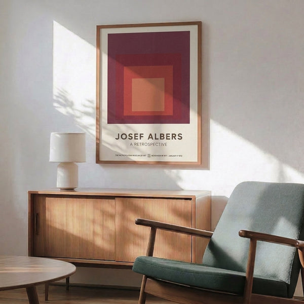 Modernist geometric poster featuring concentric squares in maroon and coral tones against cream, a contemplative study in systematic color composition.