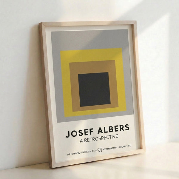 Minimalist square composition with layered rectangles in yellow, gray, and tan hues, characteristic of Bauhaus design principles.