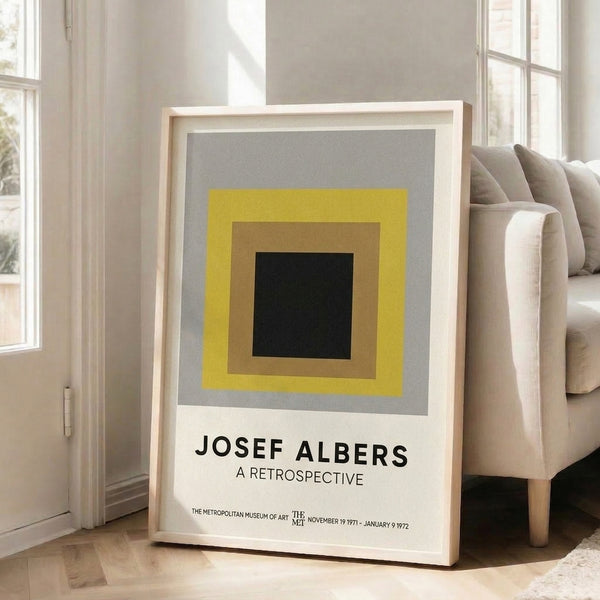 Geometric art print of nested squares in muted yellows and grays, embodying modern Bauhaus minimalism and meditative calm.