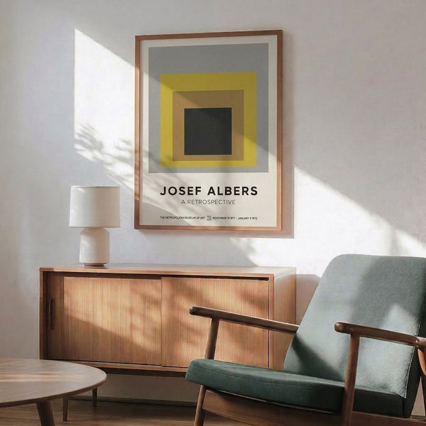 Framed abstract poster displaying centered squares in charcoal, tan, and yellow—a serene geometric study in Bauhaus style.