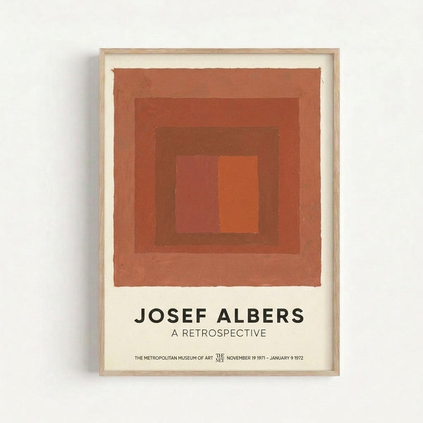 Midcentury color field art print with concentric squares in warm burnt sienna and cream hues, evoking contemplative abstraction on a wall.