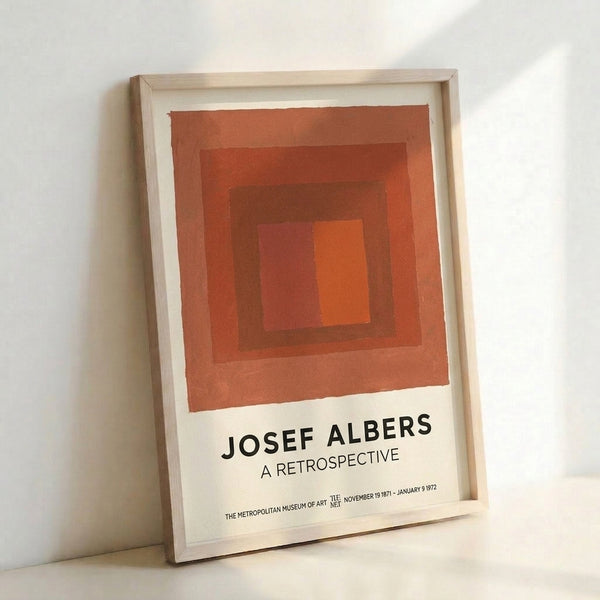 Geometric abstract poster displaying layered squares in rust and terracotta tones, exemplifying minimalist color theory and meditative design.
