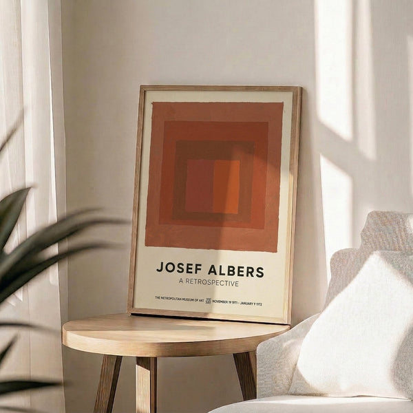 Abstract wall art showcasing interlocking squares in burnt sienna, rust, and cream, with a serene and contemplative color field aesthetic.