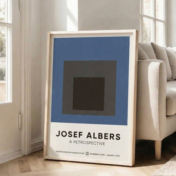 Contemplative minimalist framed print with interlocking rectangular shapes in sophisticated gray and blue tones, characteristic of modernist geometric art.