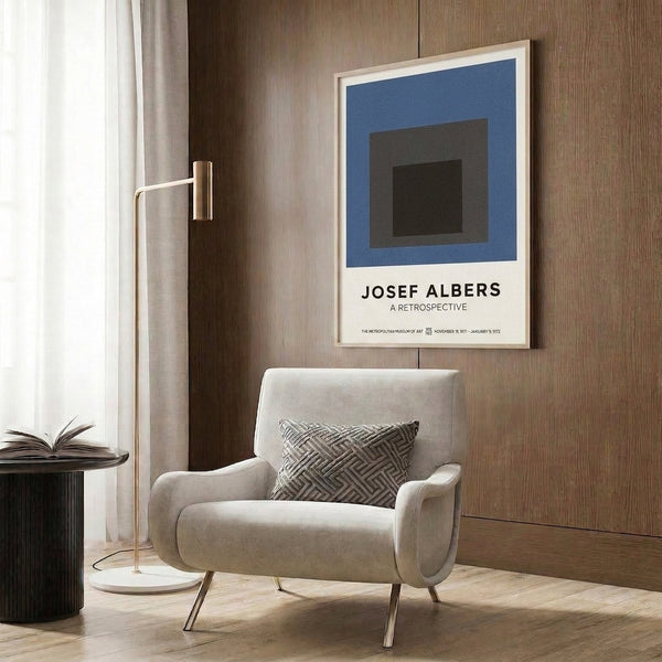 Geometric wall art poster with overlapping rectangular forms in dark brown, charcoal gray, and muted blue, offering refined minimalist appeal.