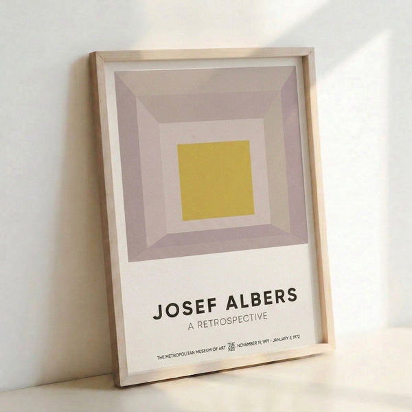 Framed poster displaying nested rectangular forms in cream and mauve with mustard accents, exemplifying meditative geometric abstraction in modernist style.