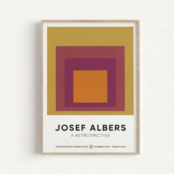 Nested rectangular color fields in orange, gold, and deep plum hues demonstrate Bauhaus design principles in this harmonious, minimalist framed art print.