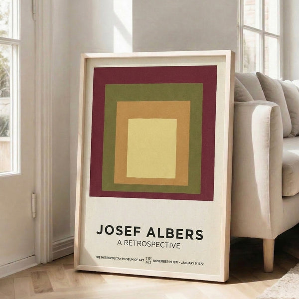 Contemplative minimalist art print of concentric squares in soft earth tones and burgundy, a meditation on color relationships.