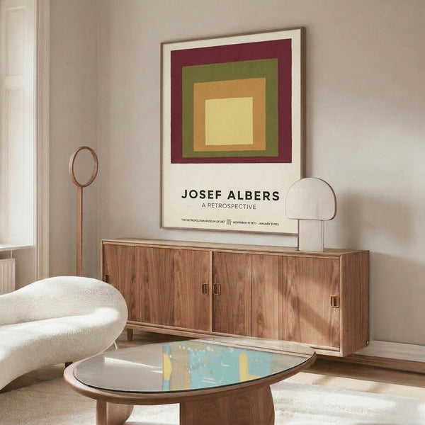 Minimalist color study poster of nested squares rendered in serene tones of tan, cream, and muted greens within burgundy.