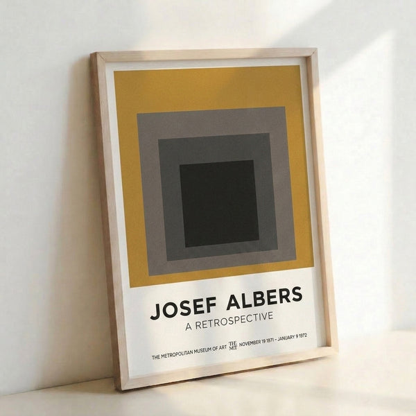 Minimalist wall art showcasing layered squares in cream, mustard, and charcoal tones, creating a serene and balanced composition rooted in geometric abstraction.