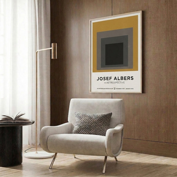 Geometric art print presenting stacked squares in cream, mustard gold, and charcoal against a clean background, reflecting modernist principles of form and color harmony.