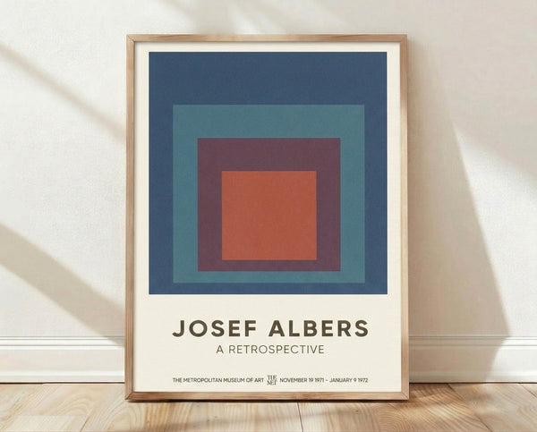 Minimalist abstract poster featuring concentric squares in teal, navy blue, burnt orange, and cream, creating a meditative geometric composition in Bauhaus style.