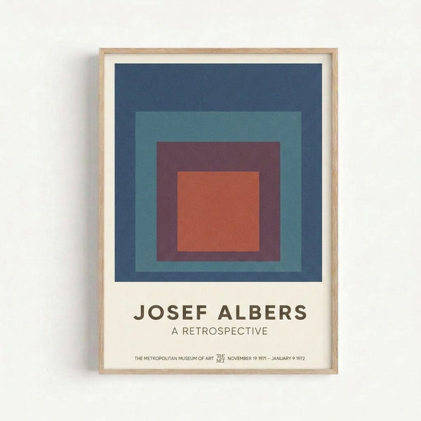 Josef Albers color field artwork with nested rectangular forms in muted tones of maroon, teal, and cream, exemplifying contemplative abstract minimalism.