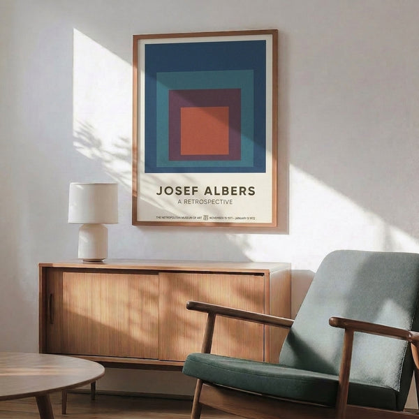 Minimalist color study featuring nested squares in maroon, teal, navy, and cream, a framed wall art piece capturing meditative abstract harmony.