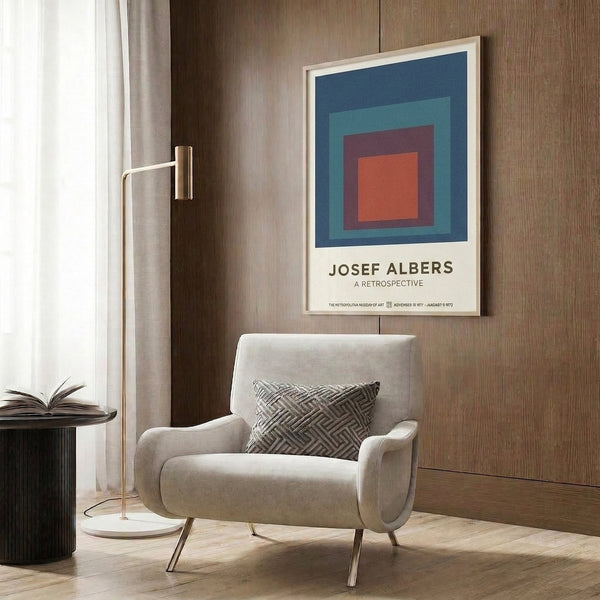 Bauhaus-inspired geometric poster with layered squares in burnt orange, teal, and navy blue tones, presenting a tranquil exploration of color and form.