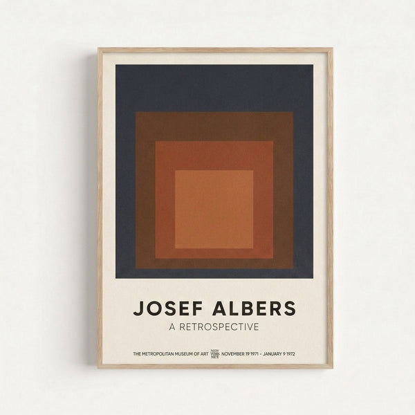 Framed geometric art print with concentric color field squares in earthy tones of gray, rust, and orange, embodying understated sophistication and minimalist design.