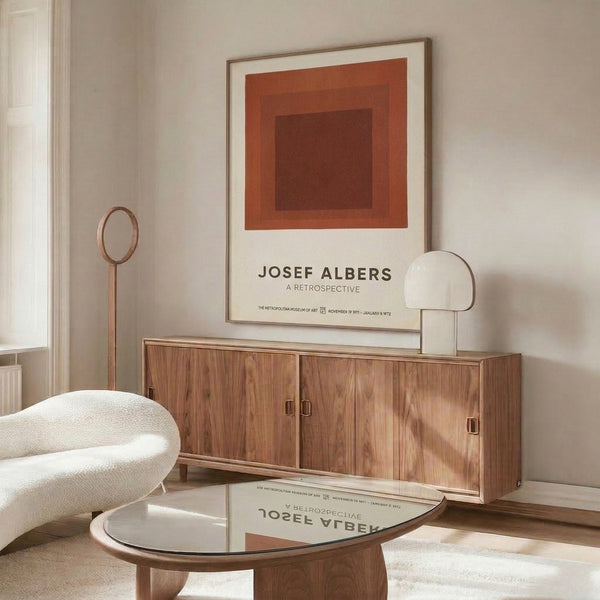 Framed modern poster with concentric geometric squares in cream and deep red hues, reflecting the contemplative essence of minimalist art.