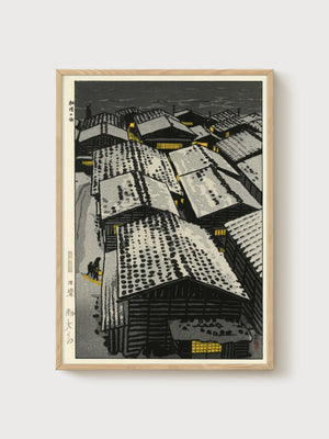 Japanese Snow Village Woodblock Print poster in oak frame
