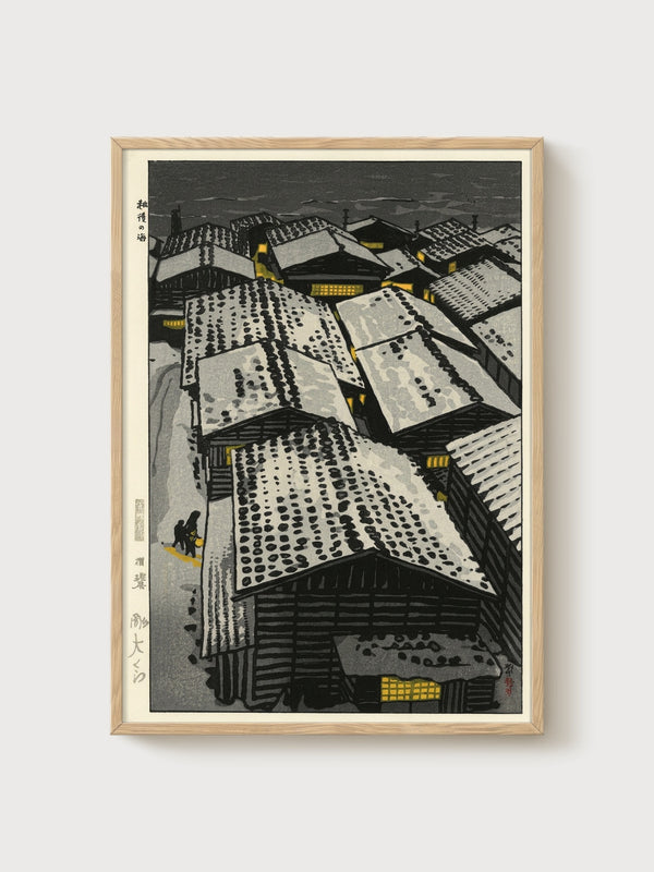 Japanese Snow Village Woodblock Print poster in oak frame