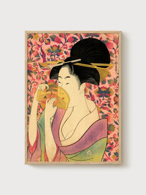 Geisha Ukiyo-e Wall Art poster in oak frame