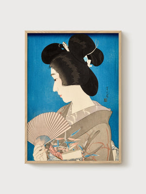 Geisha with Fan Poster poster in oak frame