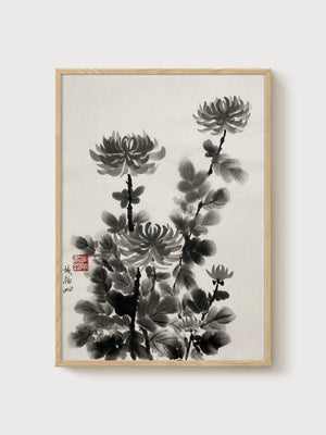 Chrysanthemum Ink Wash Painting poster in oak frame
