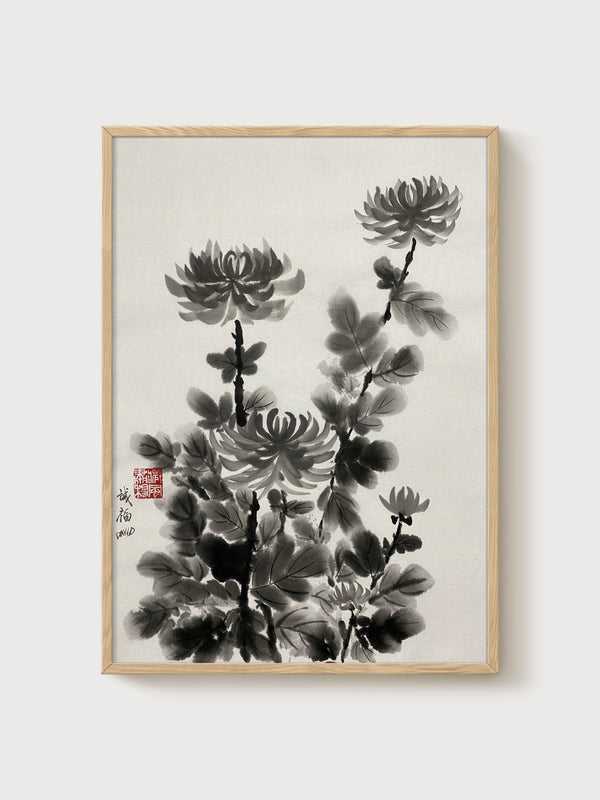 Chrysanthemum Ink Wash Painting poster in oak frame