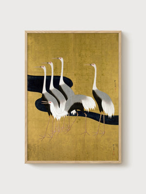 Ito Jakuchu Crane Print poster in oak frame