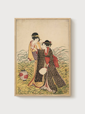 Geisha Ukiyo-e Wall Art poster in oak frame