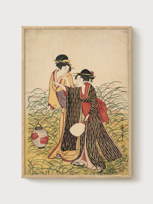 Geisha Ukiyo-e Wall Art poster in oak frame