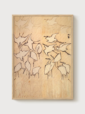 Ito Jakuchu Crane Study Print poster in oak frame