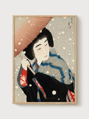 Geisha Under Umbrella in Snow poster in oak frame