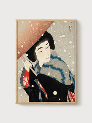 Geisha Under Umbrella in Snow poster in oak frame