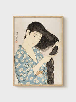 Geisha Combing Hair Woodblock Print poster in oak frame