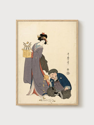 Utamaro Geisha Woodblock Print poster in oak frame