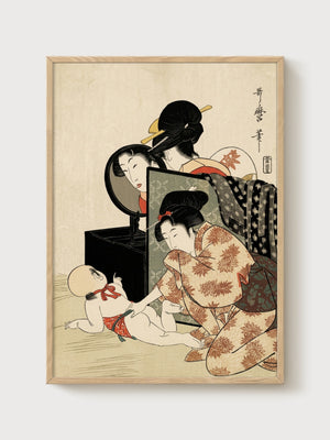 Geisha Mirror Woodblock Print poster in oak frame